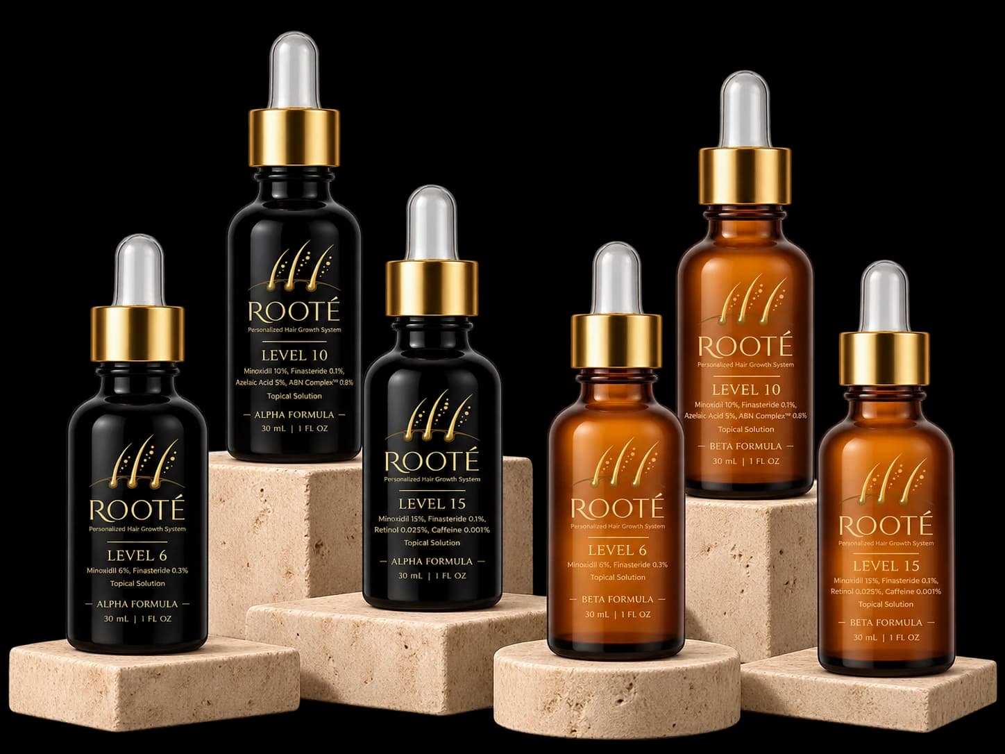ROOTÉ Level 6, 10, and 15 bottles in black and amber packaging, standing on stone pedestals